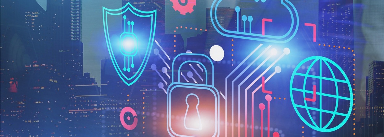 Hand van een zakenman houdt cyber beveiliging en computer interface in stad. Concept van data bescherming.