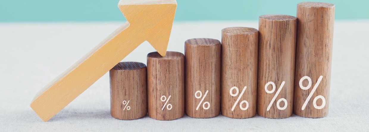 Houten blokjes met percentage teken en een stijgende lijn